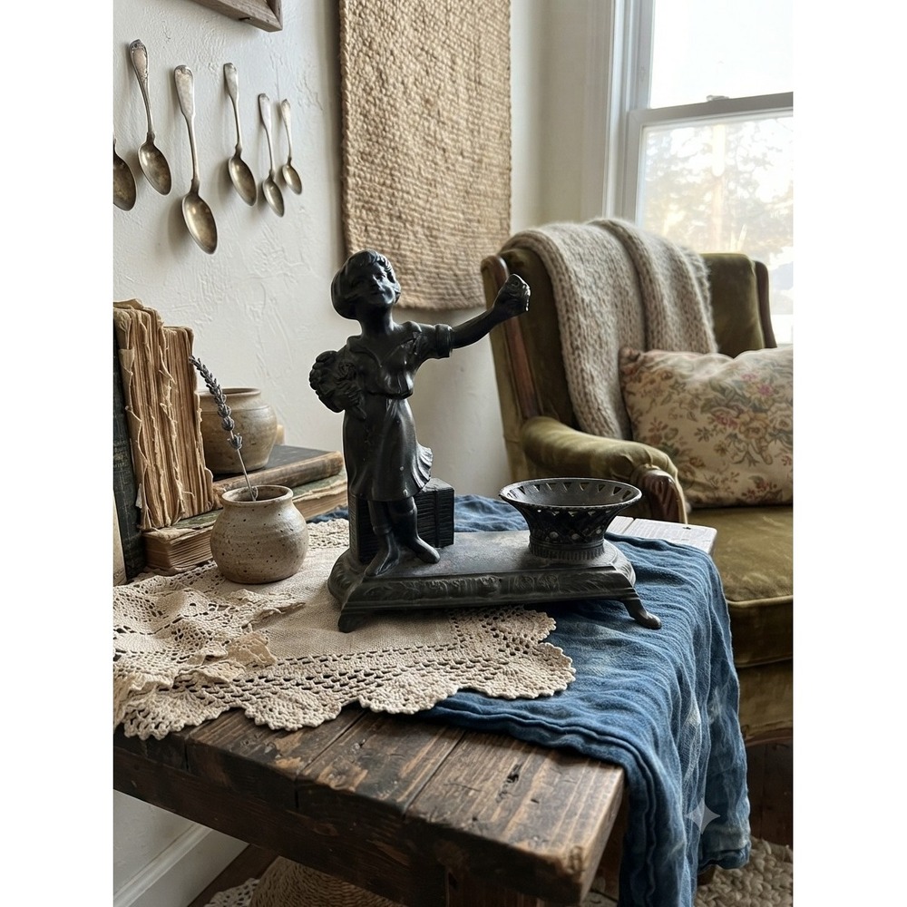 Vintage Vantines French Figural Match Holder Art Metal Cottagecore Heirloom
